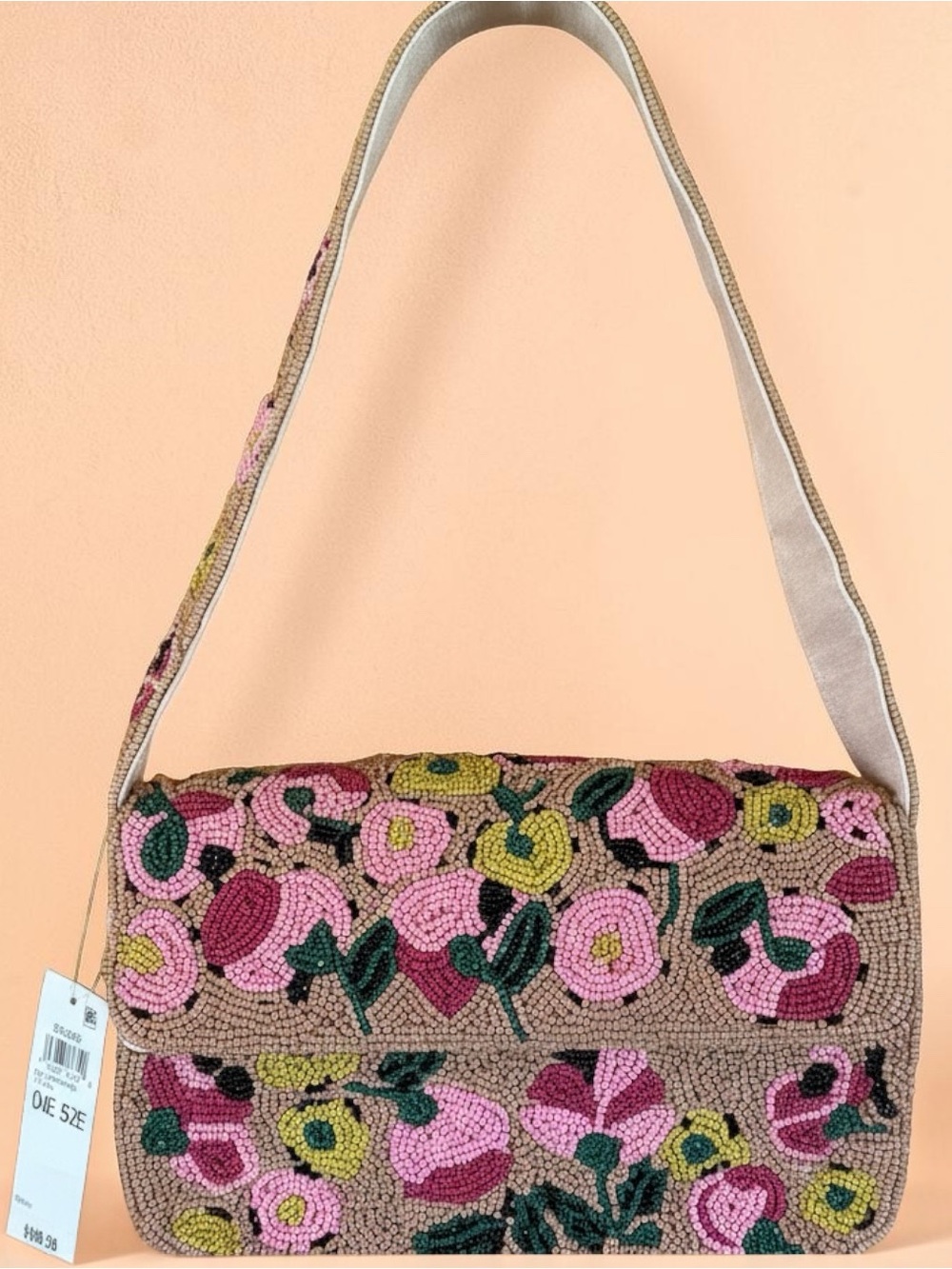 Gorgeous Floral Beaded Shoulder Bag in Pink, Green and Tan
